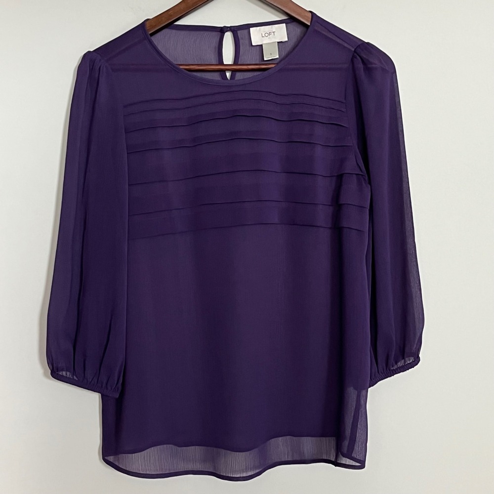 Loft Purple Pleated Chest Sheer 3/4 Sleeve Blouse Top Small